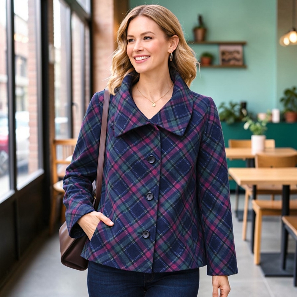 Talbots Plaid Wool Blend Jacket 18W Pea Coat Pocket Swing Lined Oversized Collar - Picture 13 of 16